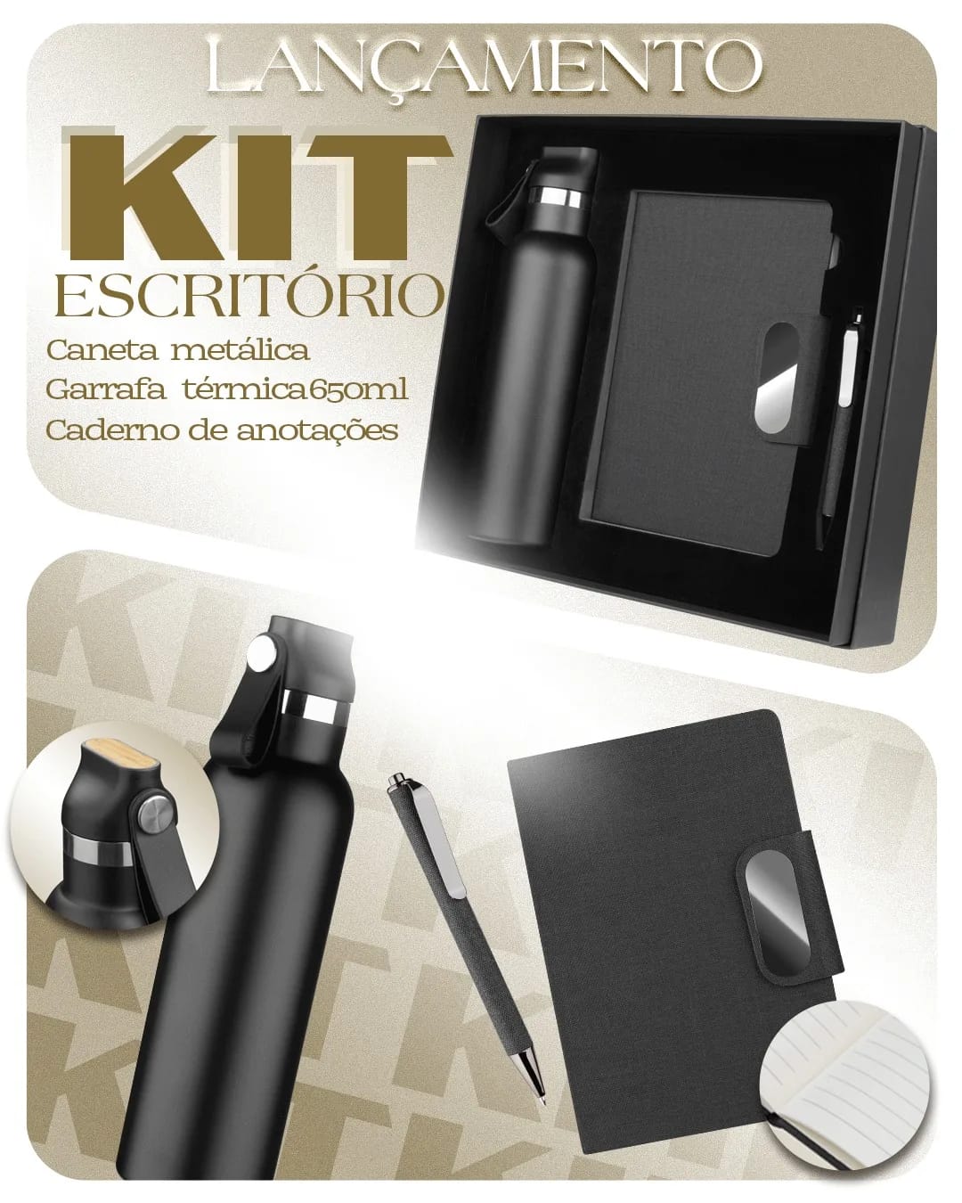 Kit escritório Caderno, Garrafa e Caneta Metalica - CJ315