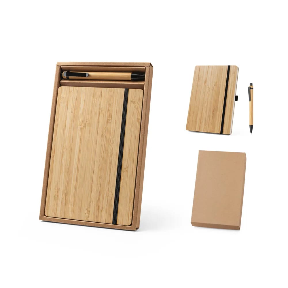 GAIMAN. Conjunto de caderno A5 em bambu com páginas pautadas e caneta esferográfica em bambu