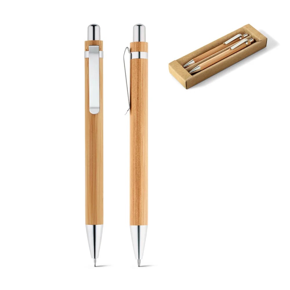 MELLO. Conjunto de caneta esferográfica com escrita em azul e lapiseira, ambas em bambu