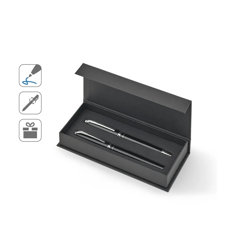 SARAMAGO. Set premium composto por 1 caneta esferográfica e 1 caneta roller em cobre e aço inox, com escrita em azul