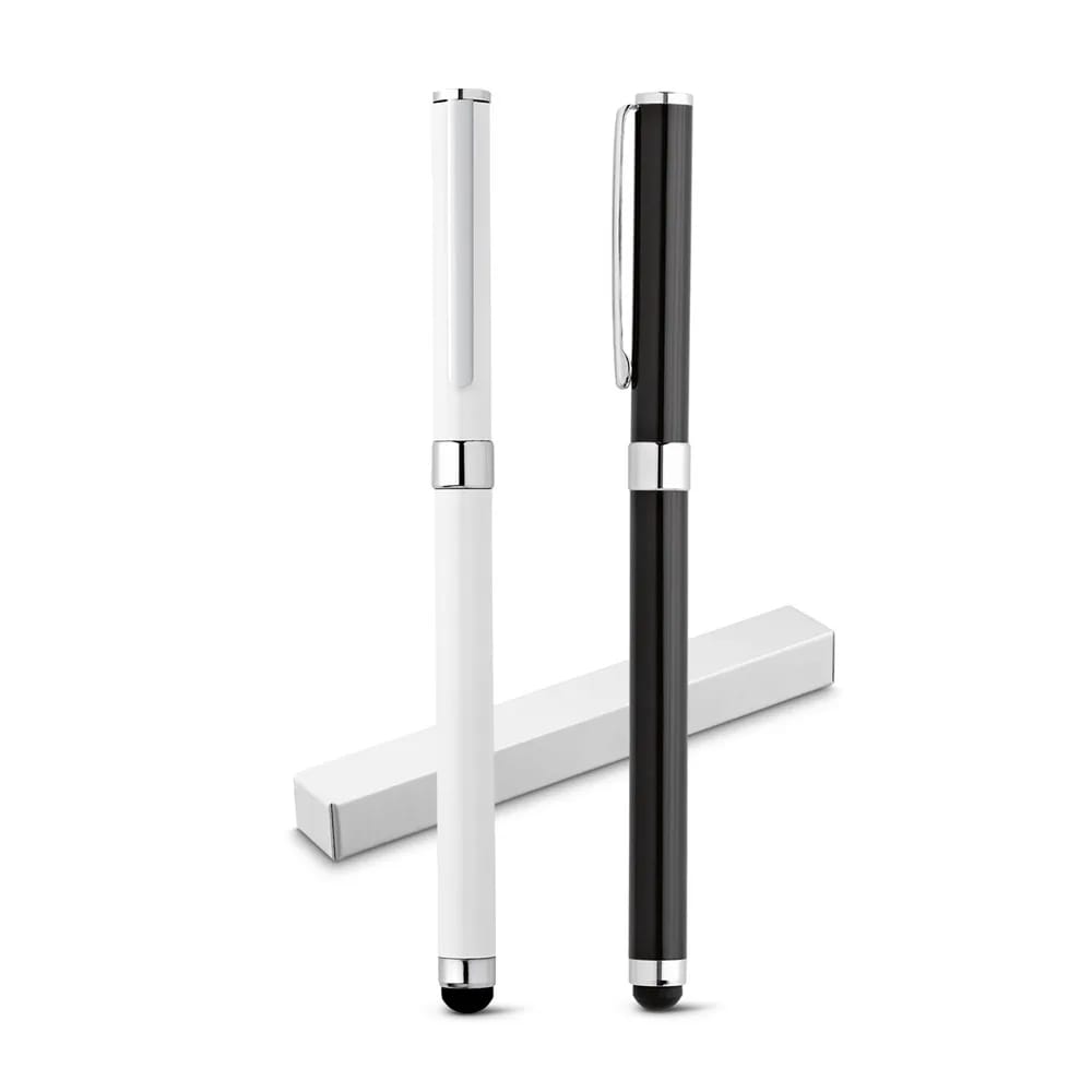 TOUCH. Caneta roller em metal com corpo brilhante e escrita em preto